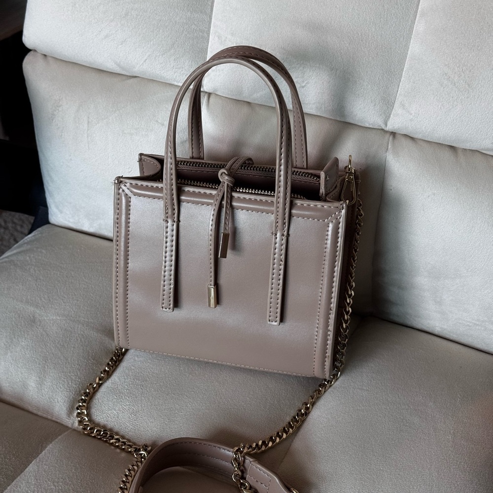 Tan Mini Bag with Structured Design and Chain Detail